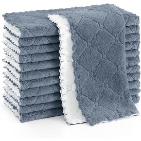 12 Pack Kitchen Cloths Dish Towels (10" x 10", Dark Grey & White), Super Soft and Absorbent Dish Cloths, Coral Velvet Microfiber Cleaning Cloth, Nonstick Oil Fast Dry Dishcloths
