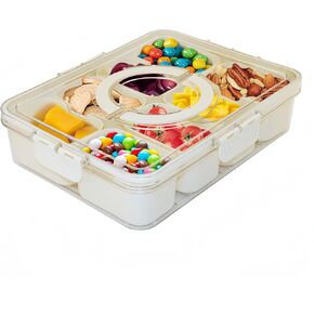 Snackle Box Container Divided Serving Tray with Lid and Handle, Portable Travel Snack Platters for Party, Fruit Organizer for Refrigerator for Candy, Fruits, Nuts, Chips…