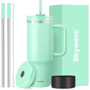 40 oz Tumbler with Handle and Straw, 2 Lids (2 in 1 & LeakProof Lid) - Vacuum Insulated Stainless Steel Double Wall Water Bottle Travel Coffee Mug - Holiday Gifts for Women Men - Dark green