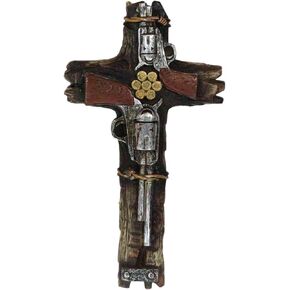 Ebros Gift 12" Tall Rustic Western Cowboy Dual Pistol Revolver Guns With Bullet Shells Decorative Wall Cross Wild West Sheriff Decor Plaque in Faux Distressed Wood Finish