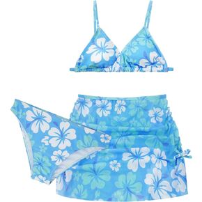 Girls 3 Piece Swimsuit Summer Hawaiian Bikini Set with Beach Cover Up Skirt Bathing Suit Swimwear 8-15 Years