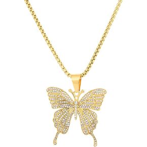 18K Gold Plated Iced Out Stainless Steel Animal Butterfly Pendant Necklace
