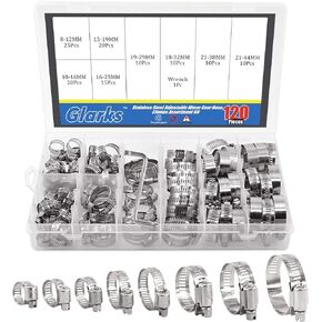 Glarks 120Pcs 304 Stainless Steel Hose Clamps Assortment Kit, Adjustable 8-44mm Range Worm Gear Hose Clamps Fuel Line Clamp for Water Pipe, Plumbing, Automotive and Mechanical Application