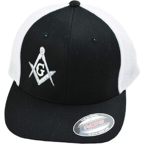 Silver Square & Compass Embroidered Masonic Flexfit Adult Trucker Hat