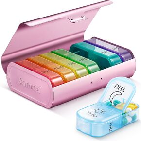 Zannaki Metal XL Weekly Pill Organizer 2 Times a Day, Large Travel Daily Pill Box 7 Day, Portable Week Twice Pill Holder Container, AM PM Pill Case for Medicine Vitamin Medication Supplement, Pink