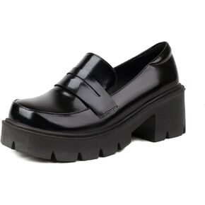 Women's Slip-on Loafers Comfort Platform Chunky Mid Heel Pumps Bowknot School Uniform Goth Loafer Shoes