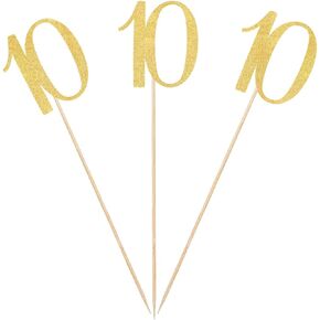Gold Glitter 10th Birthday Centerpiece Sticks, 12-Pack Number 10 Table Topper Anniversary Party Decorations