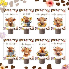 16Pcs Highland Cow Party Centerpieces and Wooden Stands, Brown Cow Print Baby Shower Party Supplies, Highland Cow Birthday Party Decorations for Boys Girls
