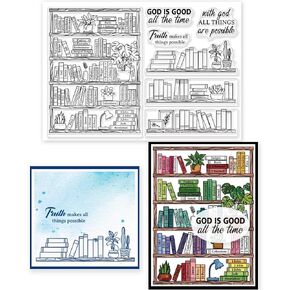 GLOBLELAND Bible Bookshelf Reading Plan Transparent Clear Stamps Bookrack and Potting Embossing Stamp Sheets Silicone Clear Stamps Seal for DIY Scrapbooking and Card Making Paper Craft Decor