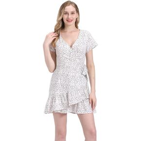 Women's Summer Polka Dot Print Wrap Dresses Sexy V Neck Ruffle Short Sleeve Casual Short Dresses with Belt