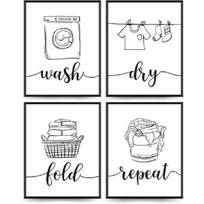 PLKMK Laundry Room Wall Art Print Set - 4,Laundry Symbols Wall Decor, Laundry Care Symbols Guide Sign,Laundry Room Decor 8x10 Inch (Unframed)