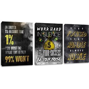Inspirational Wall Art Canvas Hustle Poster Success Goal Artwork Entrepreneur Quote Painting Motivational Office Wall Decor Art for Bedroom Living Room Home Decoration Framed 12inch x16inch x3pieces