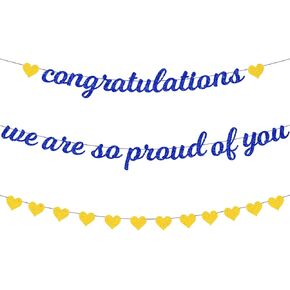 Zwiebeco Blue Gold Congratulations Banner We are So Proud of You Sign Hearts Hanging Glitter Paper Decoration for Graduation Party Decorations Class of 2025 Accessories Supplies