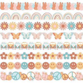 82Ft Retro Groovy Bulletin Board Borders Boho Daisy Flower Rainbow Butterfly Self-Adhesive Border Trim for 70s Retro Hippie School Classroom Office Decoration