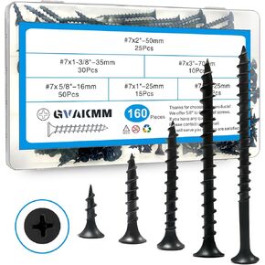 Drywall Screws Assortment Kit,#7 Black Wood Screws Set,160pcs，5 Sizes(3'',2'',1-3/8'',1'',5/8''),Coarse Thread Phillips Drive Bugle Head Sharp Point,Ideal for Wood,Sheetrock and More in Kuwait
