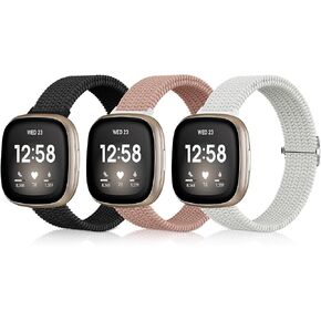 3 Pack Braided Stretchy Band Compatible with Fitbit Versa 3/Sense 2 Women Men, Soft Adjustable Nylon Breathable Sport Band for Versa 4/Sense Band, Smartwatch Loop Stretchy Wristband Black,Milky