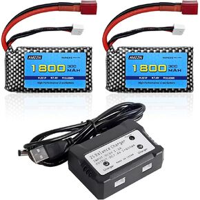 2PCS 7.4V 1800mAh 2S 30C T-Plug Lipo Battery with 2-in-1 Charger for WLTYOS K929-B A959-B 12401 9200 9200E 300E YC200 HM123 1/10,1/12,1/16 RC Car,Truck Batteries (2PCS Battery+2-in-1 Charger)