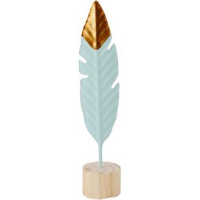 Embossing Iron Mint Green Feather Crafts Ornaments Metal Art Solid Wood Bottom Knick-Knack for Home Bedroom Living Room Decorations (L)