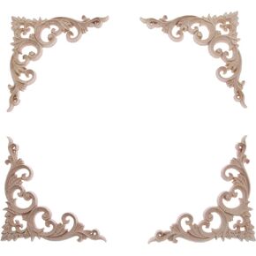 MUXSAM Wood Appliques Decorative Wood Onlays for Furniture, 4Pcs Unpainted DIY Retro Wooden Corner Carving Decals for Door Fireplace Dresser Cabinet Mirror Bed Mantel Decor, 10x10cm/3.94"x3.94"