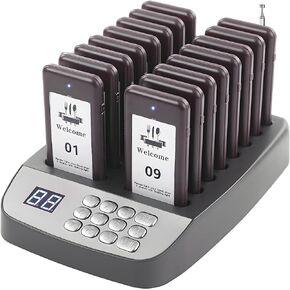 Restaurant Pager System, 16 Wireless Pagers, Calling Guest Customers Waiting Beepers with Vibration Flash and Buzzer for Lineup Queue in Food Trucks Churches Hospitals Hotels Eatery Brewery