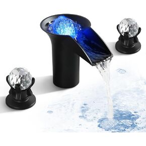 Waterfall Bathroom Faucet 3 Hole Widespread LED Vanity Sink Faucet Modern Lavatory Faucet with 2 Crystal Handle, Matte Black