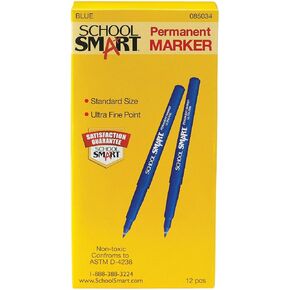 School Smart Water Resistant Permanent Markers - Ultra Fine - Pack of 12 - Blue