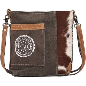 Myra Bag Vintage Stamp Upcycled Canvas & Cowhide Shoulder Bag S-1477