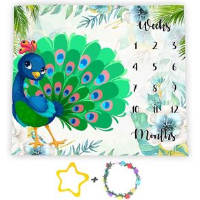 Peacock Baby Monthly Milestone Blanket, 48x40in Soft Flannel, Summer Flowers Colorful Feathers, Newborn Mom Gifts, Baby Shower Age Growth Tracker with Bonus Maker BTGJSS62