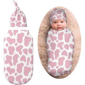 Pink Cow Print Newborn Baby Swaddle Blanket With Beanie Hat Baby Receiving Blanket Wraps Gifts For Boys Girls Infant