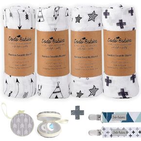 Dodo Babies Swaddle Blanket & Pacifier Clip Set – Four Large Cotton Muslin Receiving Blankets Plus Two Universal Binky Holders and Zip-Close Paci Case – Great for New Girl or Boy