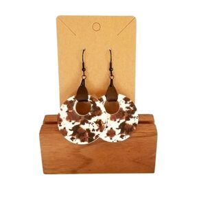 Acrylic Earrings - Cow Print Dangle Earrings with a Faux Leather Tab