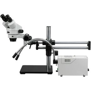 AmScope SM-5BZ-FOD مجهر تكبير ستيريو ثنائي العينين احترافي، عدسات WH10x، تكبير 3.5X-90X، هدف تكبير 0.7X-4.5X، ضوء ألياف بصرية مزدوج الإوز، حامل ذراع مزدوج بمحمل كروي، 110 فولت - 120 فولت، تتضمن عدسات بارلو 0.5X و2.0X in Kuwait