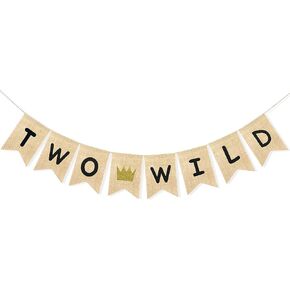 Two Wild Banner Baby Boy Girl 2nd Birthday Party Decorations Garland Jungle Theme Party Supplies Rustic Two Years Old Birthday Sign with Glitter Crown