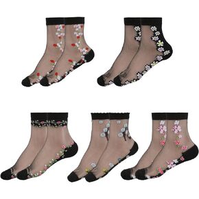 5 Pairs Women Floral Sheer Sock Transparent Mesh Socks Ultra-thin Lace Socks See Through Ankle Socks Casual Crew Sock