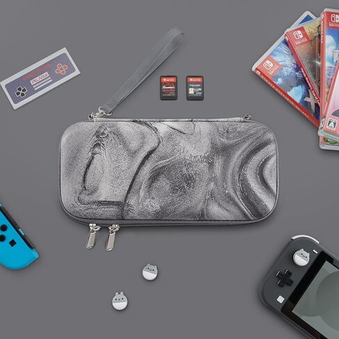 playvital Carrying Case for Nintendo Switch Lite, Portable Pouch Storage Handbag Travel Bag Protective Hard Case for Switch Console w/Thumb Grip Caps & 10 Game Card Slots - Silver Swirl in Saudi Arabia
