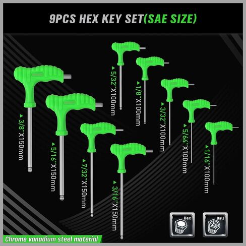 مجموعة مفاتيح ألين بمقبض على شكل حرف T مكونة من 18 قطعة من SWANLAKE، مجموعة مفاتيح ربط سداسية ذات ذراع طويل بذراع طويلة/مترية، مم (1.5 مم - 10 مم) SAE (1/16 بوصة - 3/8 بوصة) in Kuwait