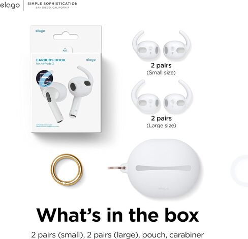 elago 4 Pairs AirPods 3 Ear Hooks Covers - [Added Storage Pouch] Comfortable and Secure Fit, Improved Sound Quality, Precise Cutout Design, Accessories Compatible with AirPods 3rd Generation (White) in Saudi Arabia