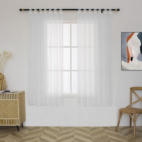 White Sheer Curtains Tab Top for Living Room Semi Sheer Privacy Curtains Light Glare Filtering for Bedroom Dining Office Window, 52 inches Wide x 63 inches Long, 2 Panels, White in Saudi Arabia