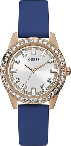 GUESS Ladies Sport Multifunction Baguette Crystal 38mm Watch – Rose Gold-Tone Stainless Steel Case White Dial with Blue Silicone Strap in Saudi Arabia