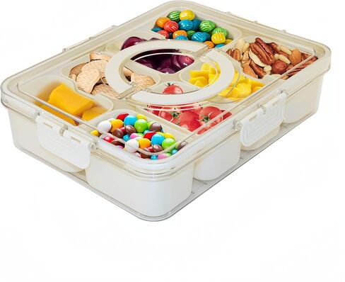 Snackle Box Container Divided Serving Tray with Lid and Handle, Portable Travel Snack Platters for Party, Fruit Organizer for Refrigerator for Candy, Fruits, Nuts, Chips… in Saudi Arabia