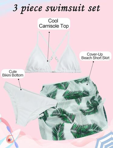 Girls 3 Piece Swimsuit Summer Hawaiian Bikini Set with Beach Cover Up Skirt Bathing Suit Swimwear 8-15 Years in Saudi Arabia