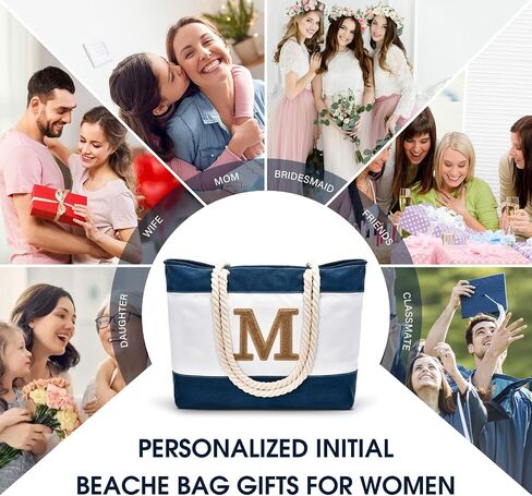 Becokan Personalized Gifts for Women Canvas Beach Bag Initial Large Tote Bag Beach Birthday Gifts for Her Mom Sister Friends in Saudi Arabia