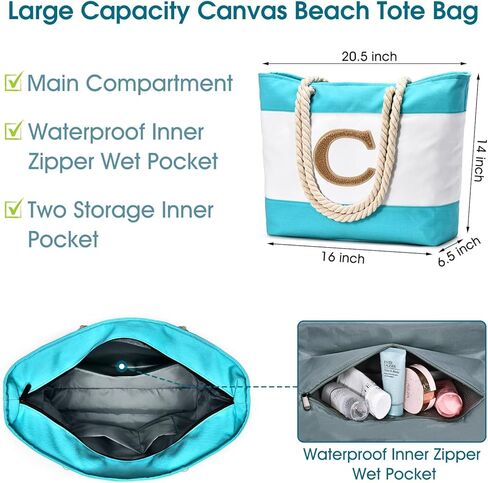 هدايا شخصية من بيكوكان للنساء، حقيبة شاطئ قماشية كبيرة أولية، حقيبة حمل كبيرة على الشاطئ، هدايا عيد ميلاد للشاطئ لأصدقائها وأمها وأختها in Kuwait