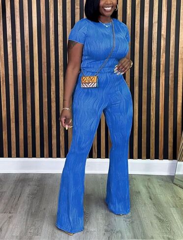 Mintsnow عارضة 2 قطعة الزي للنساء Crewneck كم قصير فضفاض صالح قميص مضيئة مطوي بنطال ذو قصة أرجل واسعة مجموعات الشارع الشهير in Kuwait