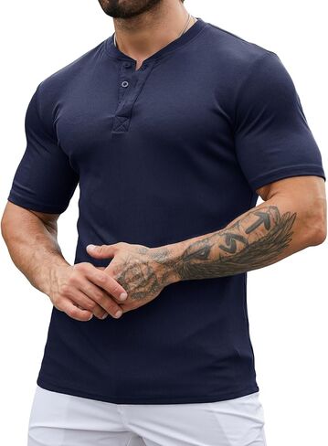 Mens Muscle Slim Henley Shirts Stretch Ribbed Casual Short Sleeve Basic T-Shirt with 3 Buttons in Saudi Arabia