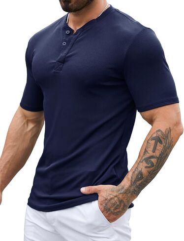 Mens Muscle Slim Henley Shirts Stretch Ribbed Casual Short Sleeve Basic T-Shirt with 3 Buttons in Saudi Arabia