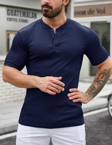 Mens Muscle Slim Henley Shirts Stretch Ribbed Casual Short Sleeve Basic T-Shirt with 3 Buttons in Saudi Arabia
