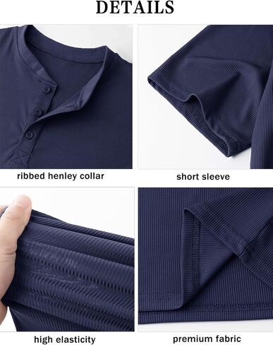 Mens Muscle Slim Henley Shirts Stretch Ribbed Casual Short Sleeve Basic T-Shirt with 3 Buttons in Saudi Arabia