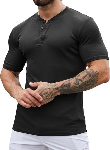 Mens Muscle Slim Henley Shirts Stretch Ribbed Casual Short Sleeve Basic T-Shirt with 3 Buttons in Saudi Arabia