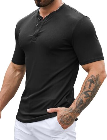 Mens Muscle Slim Henley Shirts Stretch Ribbed Casual Short Sleeve Basic T-Shirt with 3 Buttons in Saudi Arabia